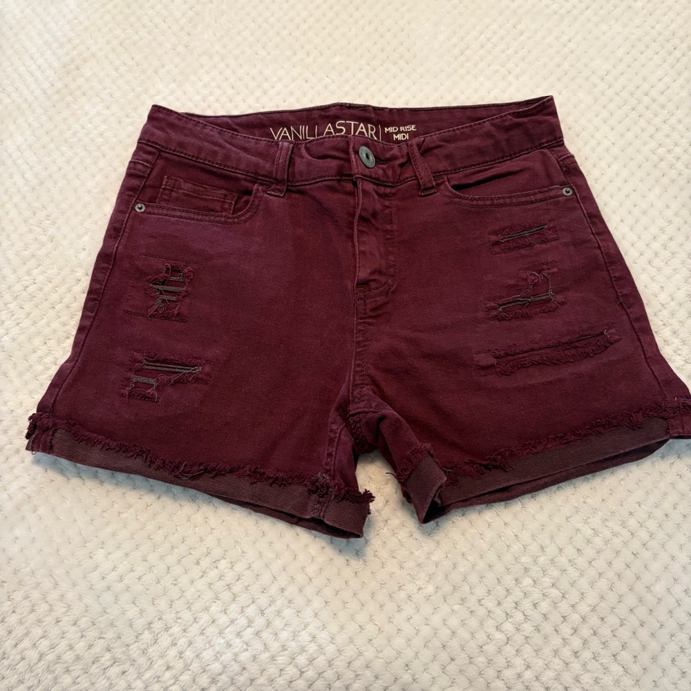 Vanilla Star Women's Burgundy Distressed Jean Shorts